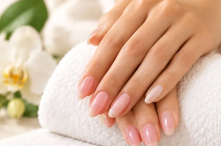 Nude gel manicure on a white towel