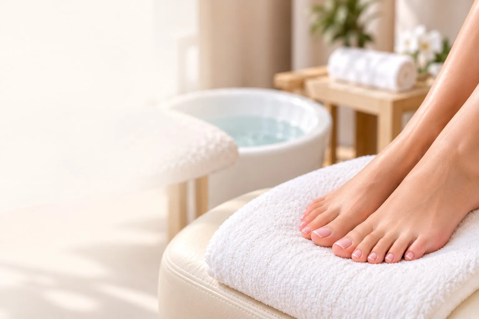 Feet relaxing on a white towel beside a spa pedicure tub
