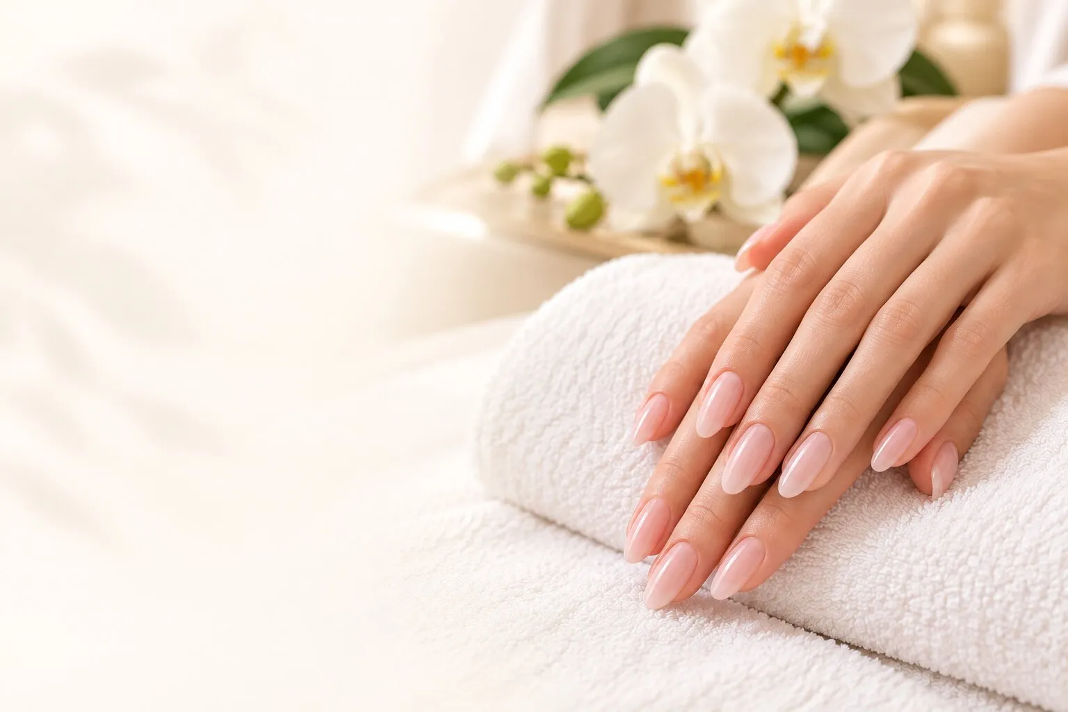 Hands with a nude manicure resting on a towel